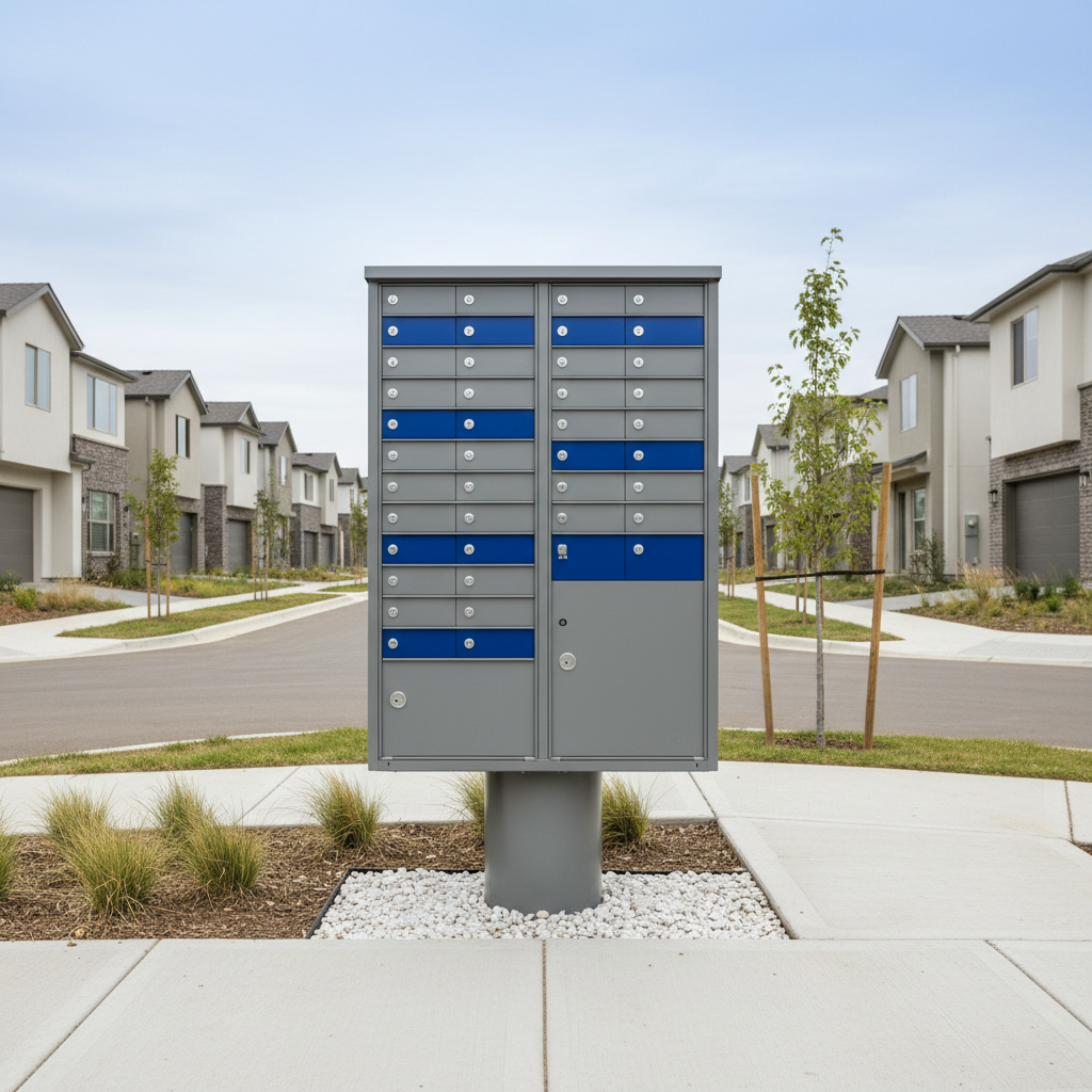 USPS-approved cluster box unit mailbox on a pedestal in a residential neighborhood