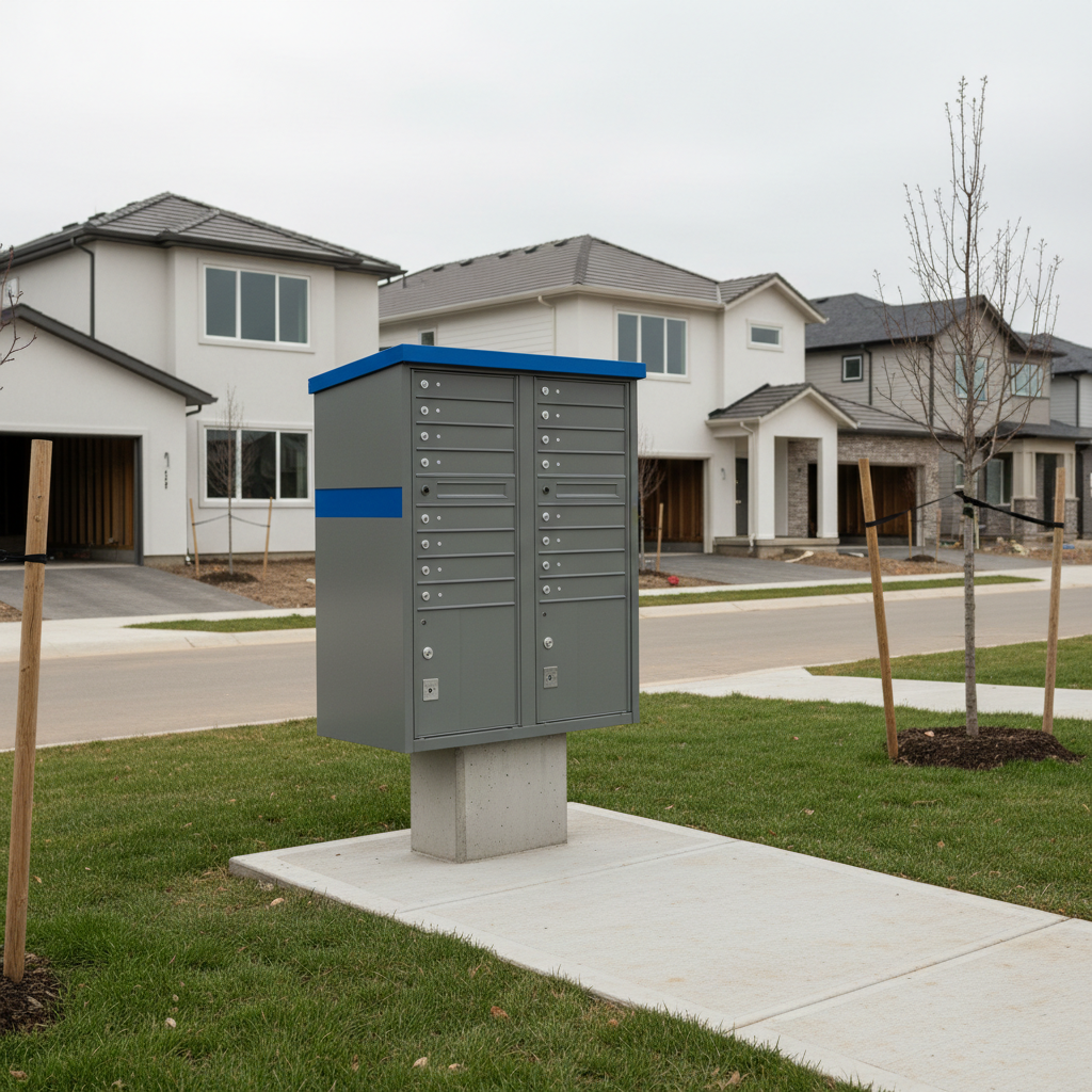 Cluster box unit installed on a pedestal and concrete pad in a new housing development