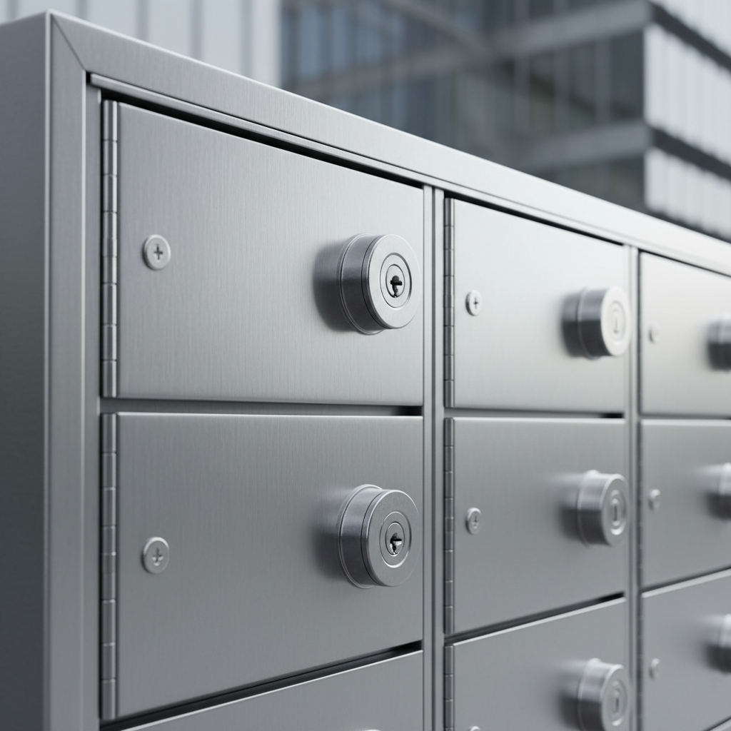 Close-up of locking compartment doors and stainless hardware on a cluster box unit