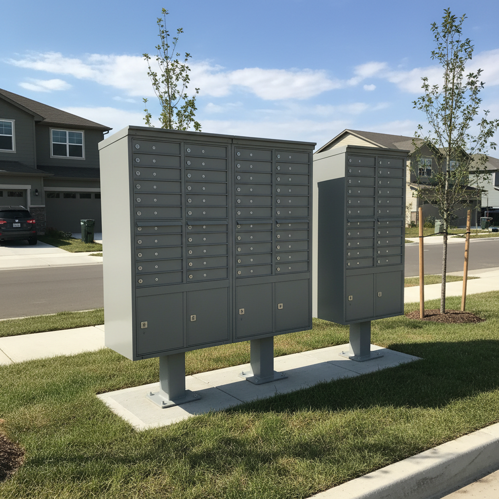 Row of powder-coated aluminum cluster box units in a new development